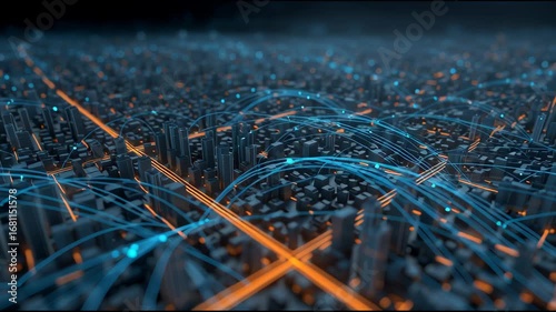 Digital data streams flowing between urban structures, networking technological innovation across smart city skyline, visualizing interconnected digital ecosystem