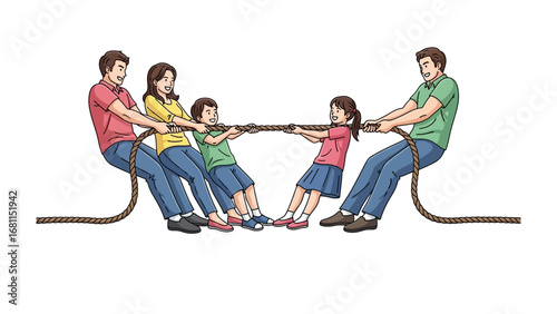 Tug-of-War: A spirited depiction of a family engaged in a lively tug-of-war game, showcasing teamwork, strength, and the sheer joy of togetherness, creating a heartwarming and energetic scene.
