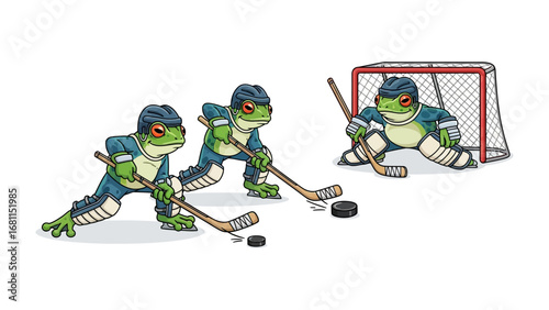Frogs Playing Hockey: In a whimsical cartoon setting, a team of determined frog players battle it out on the ice, displaying agility and strategic prowess. With focused eyes fixed on the puck.