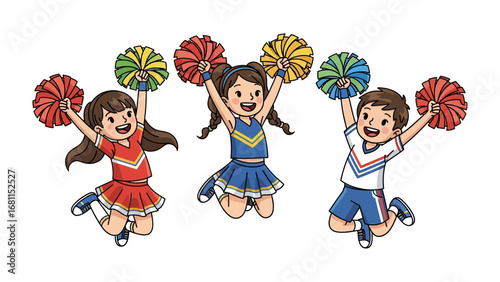 Energetic Cheerleaders in Action: Playful illustration of three young cheerleaders dressed in vibrant outfits jumping and raising their pom-poms in unison.