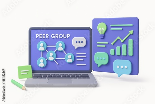 Wallpaper Mural 3D Illustration of Peer Group Concept with Laptop Displaying Charts and Communication Icons Torontodigital.ca