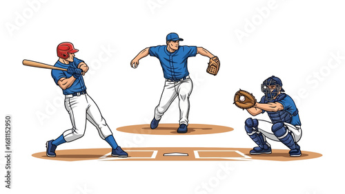Baseball Game Action: A dynamic illustration captures the essence of a baseball game, showcasing key moments of play: a batter in full swing, a pitcher in mid-throw, and a catcher poised to receive. 