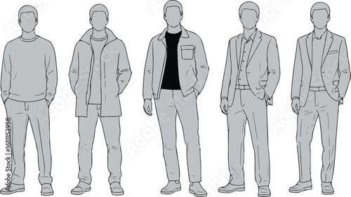 Five male figures in casual and military style outfits