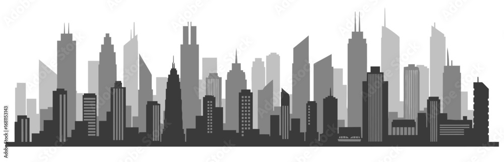 Naklejka premium Modern City Skyline Panorama, Urban Landscape, Grayscale Illustration