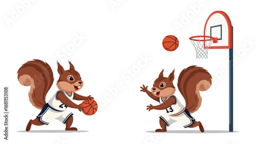 Squirrels Basketball Game: Two cheerful squirrels engage in a friendly basketball match, showcasing their playful enthusiasm and teamwork on a vibrant court. 