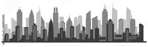 Modern City Skyline Panorama, Urban Landscape, Grayscale Illustration