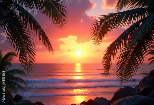 lush palm leaves silhouetted vibrant sunset sky tropical paradise, nature, vista, clouds, colors, horizon, scenery, outdoors, foliage, landscape, glow