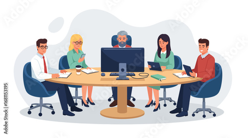 Diverse Business Team Meeting Around Table, Collaboration, Teamwork Concept Illustration