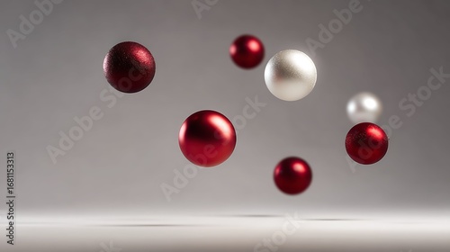 Christmas holliday image, Christmas bauble in shape of balls falling in the air isolated on light background