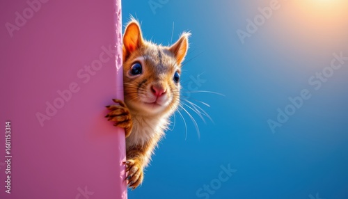A surprised sciurus, cautiously peeking around a sharply angled corner, rendered against a vibrant blue background, The image, created with technology, showcases a soft glow from a dutch angle