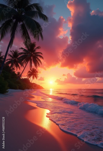 lush palm trees silhouetted vibrant sunset over tropical beach landscape, horizon, sky, orange, reflection, clouds, ocean, water, waves, shore, sand, foliage