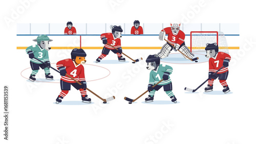 Animal Ice Hockey Match: A fun illustration of an ice hockey match in progress, with several canine players engaging in a lively contest. The energy, skill.