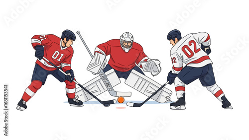 Hockey Showdown: A dynamic illustration of an intense hockey match, with players poised for action in vibrant uniforms, showcasing skill and competitive spirit. 