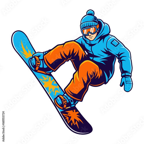 Snowboarding Aerial Act: A vibrant illustration of a snowboarder executing a dynamic aerial maneuver, showcasing skill, athleticism, and the thrill of winter sports.
