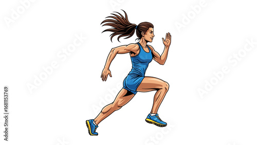 Dynamic Sprint: A determined female athlete in a sleek blue running outfit, captured mid-stride. Her focused gaze and powerful stride, embodying determination and the essence of athletic pursuit.
