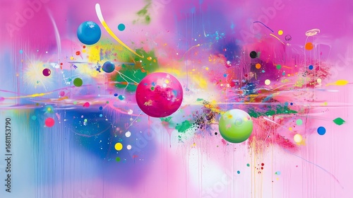 Vibrant abstract art featuring colorful orbs and splashes on a pink background