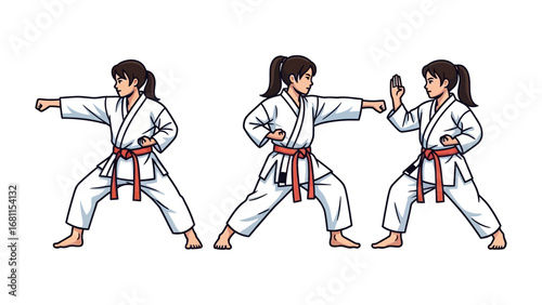 Karate practice: A karate practitioner executes a series of dynamic stances, demonstrating precision, focus, and power, set against an airy backdrop.