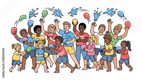 Water Balloon Bonanza: A colorful illustration of a spirited gathering as a diverse group joyfully engages in a water balloon fight.