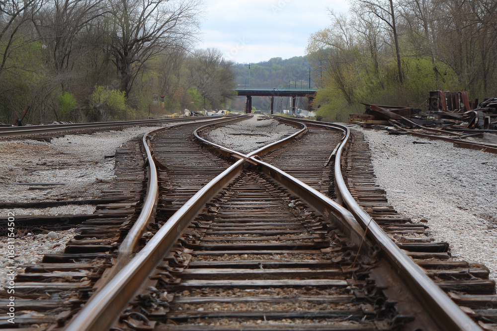 Fototapeta premium The railway tracks are curved and diverged