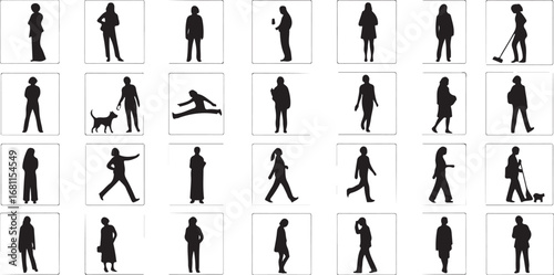 Collection of black silhouette figures in various poses and activities
