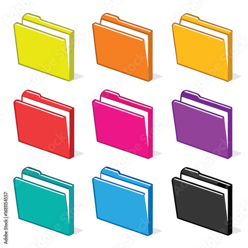 Nine isometric colorful file folder icons folders files