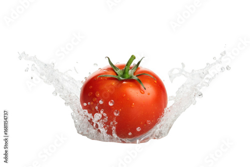 Red tomato splashing in white liquid isolated on transparent background