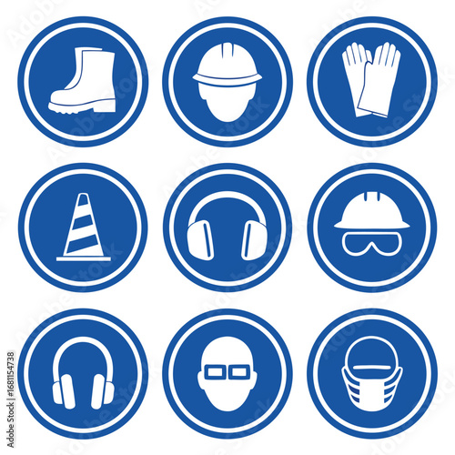 Nine blue and white safety and personal protective equipment icons