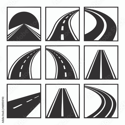Nine black and white road and highway icons street