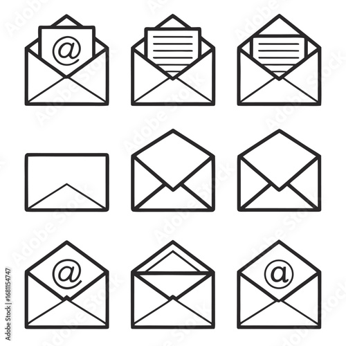 Set of nine black and white envelope icons email mail