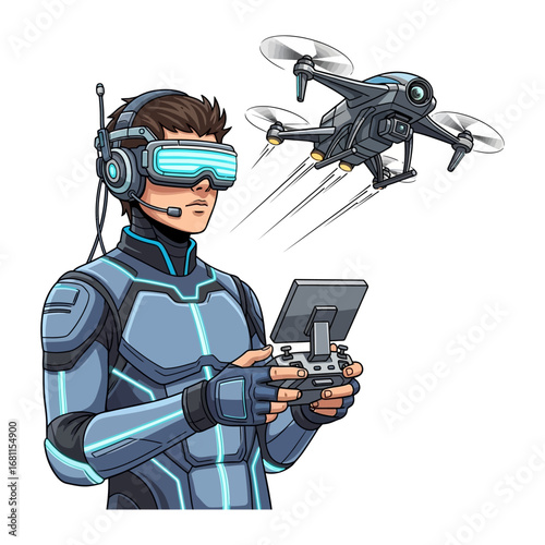 Virtual Reality Drone Pilot: A tech-savvy individual is fully immersed in a virtual reality world, piloting a drone with precision and control. The scene showcases the convergence of technology.