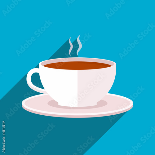 A steaming cup of tea or coffee rests on a saucer, depicted in a simple, flat design against a blue background.