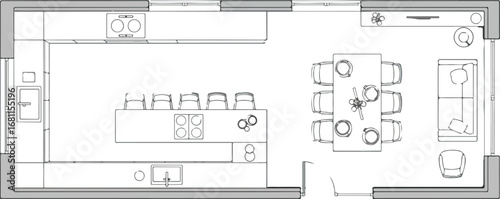 Architectural floor plan sketch of a modern living room and dining area