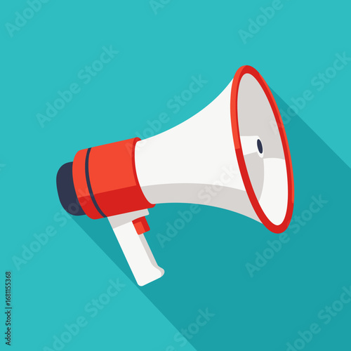 Red and white megaphone announcement, loud speaker, communication, public address.