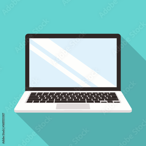 Sleek white laptop computer with blank screen, long shadow, teal background.