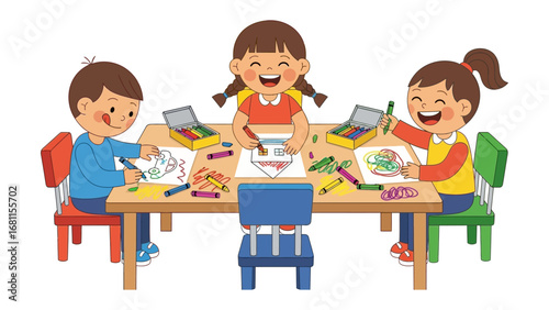 Creative Joy: Three young artists collaborate joyfully around a shared table, their cheerful expressions highlighting the fun of creative expression and teamwork. 