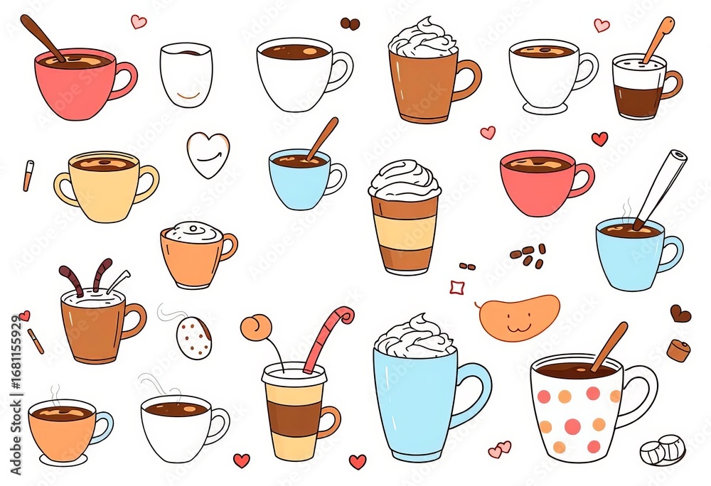 Whimsical hand-drawn doodle set of coffee & hot chocolate cups, various styles , hot chocolate, cappuccino Whimsical hand-drawn doodle set of coffee & hot chocolate cups, various styles , hot chocolate, cappuccino