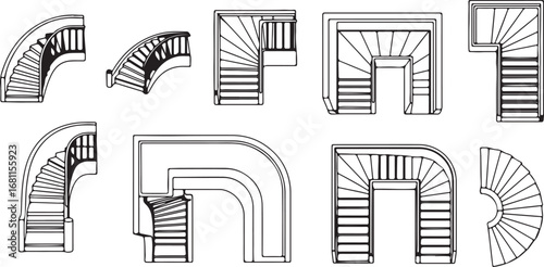 Collection of architectural drawings of various staircase designs
