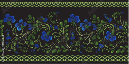 Vector floral seamless border pattern from hand painted periwinkle flowers and woven frieze on a black background