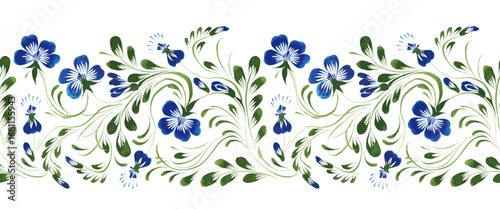 Vector floral seamless border pattern from hand painted periwinkle flowers on a white background