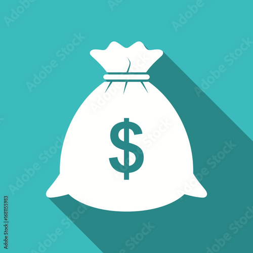 White money bag icon with dollar sign, long shadow, teal background.