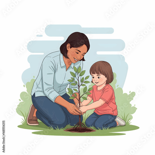 Parent teaching child to plant a tree, semi-realistic vector illustration of family environmental activity, EPS 10