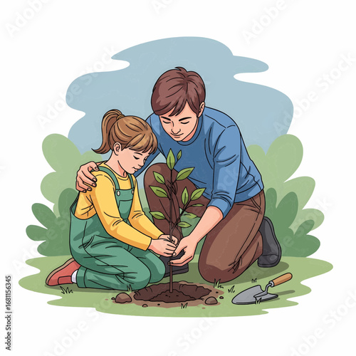 Parent teaching child to plant a tree, semi-realistic vector illustration of family environmental activity, EPS 10