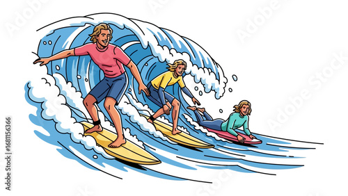Ocean Riders: Energetic figures carve through a colossal ocean wave, embracing the exhilaration of the sea with joyful energy, evoking the spirit of freedom and aquatic adventure.
