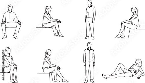 Collection of hand drawn sketches of people in various seated and standing poses