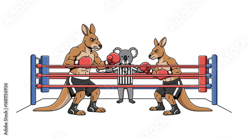 Kangaroo Boxing Match with Referee: Two muscular kangaroos engage in an animated boxing match under the watchful eye of a koala referee in a boxing ring.