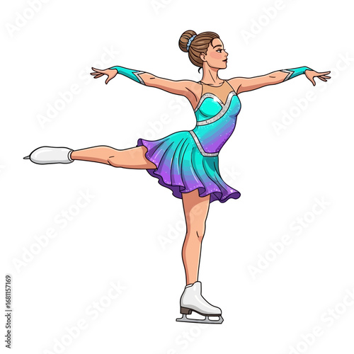 Graceful Figure Skater in Motion: A poised figure skater executes a beautiful pose, her form a symphony of lines and grace as she glides across the ice. This illustration celebrates elegance.