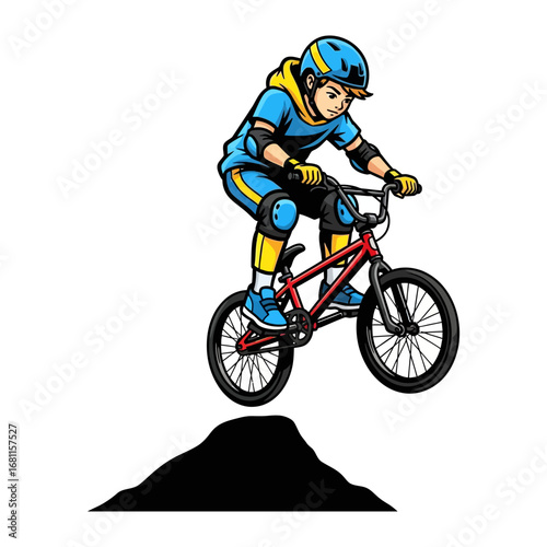 BMX Freestyle Jump: A young athlete demonstrates dynamic prowess, executing a high-flying jump with their BMX bike, showcasing skill, precision, and the spirit of adventure.