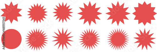 A collection of red starburst and sunburst shapes. Blank vector icons for badges, labels, and stickers used for sales or promotions
