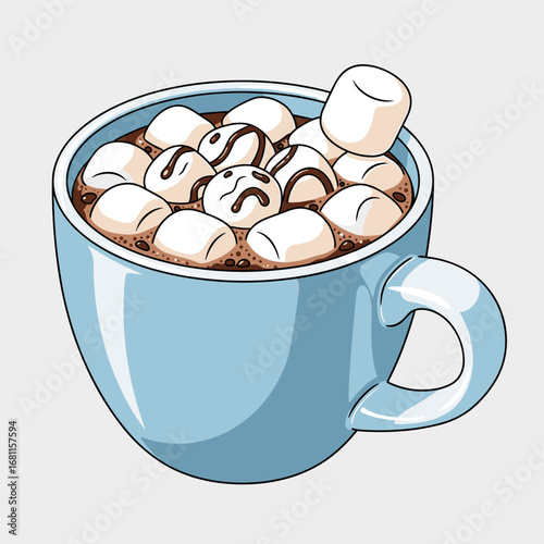 Hot chocolate with marshmallows in a blue cup on gray background  