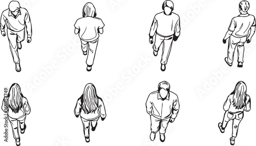 Collection of eight stylized black and white sketches of people walking from a top down perspective